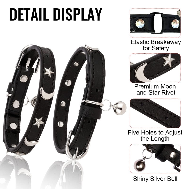 CHUKCHI Leather Cat Collars for Boy Girl Cats with Bell and Safety Elastic Belt, Personalized Star and Moon Stud Adjustable Safe Buckle Collar for Kitty Small Big Cats Size 8-12 InchRose (Black) - Image 3