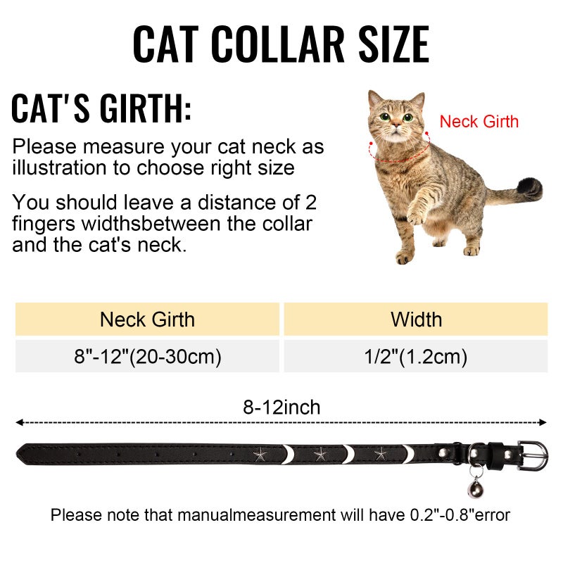CHUKCHI Leather Cat Collars for Boy Girl Cats with Bell and Safety Elastic Belt, Personalized Star and Moon Stud Adjustable Safe Buckle Collar for Kitty Small Big Cats Size 8-12 InchRose (Black) - Image 2
