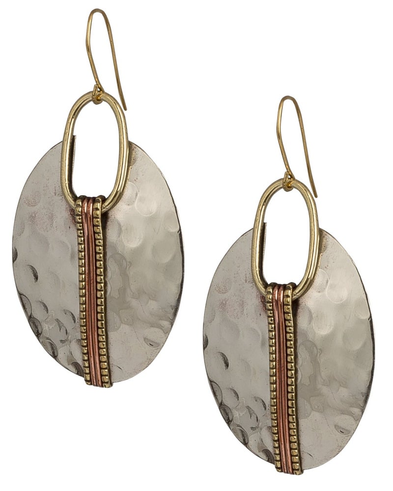 SPUNKYsoul Boho Earrings for Women Gold Silver Copper Dangle Oval or Round Ethnic Trendy Western Hammered Handmade Jewelry (Silver Gold Copper) - Image 1
