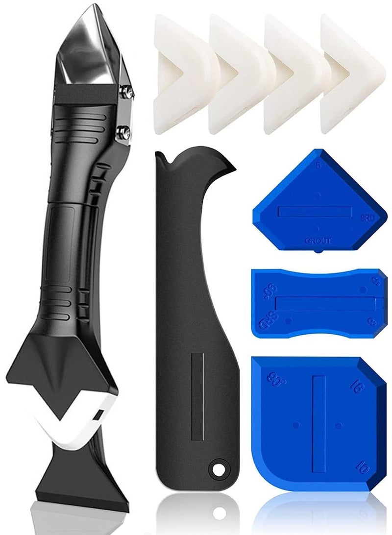 SANMUGEED Silicone Caulking Tool Kit, 5 in 1 Caulk Remover & Grout Removal Tool, with 4pc Glass Glue Angle Scraper - Image 1
