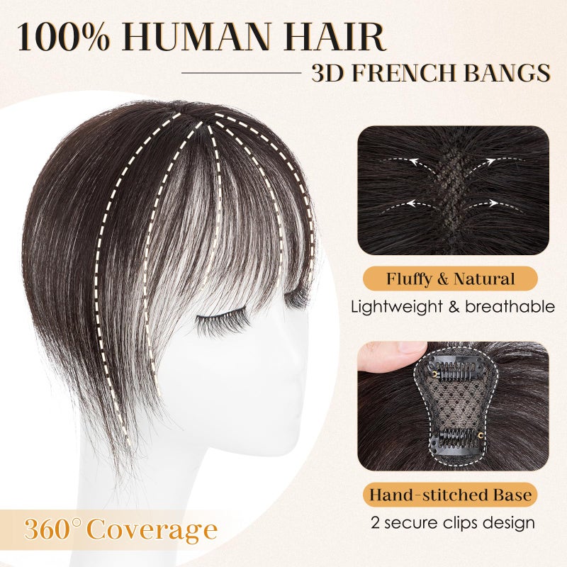 S-noilite Bangs Hair Clip,360Â° 3D Cover Real Clip in Bangs Human Hair Toppers for Women With Wispy Bang Daily Wear(Natural Black) - Image 2