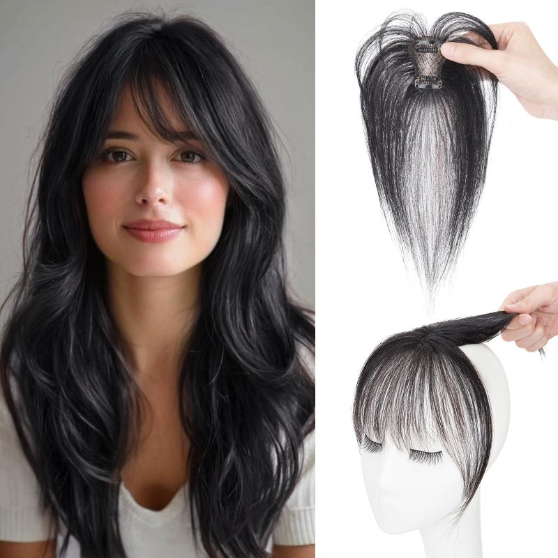 S-noilite Bangs Hair Clip,360Â° 3D Cover Real Clip in Bangs Human Hair Toppers for Women With Wispy Bang Daily Wear(Natural Black) - Image 1