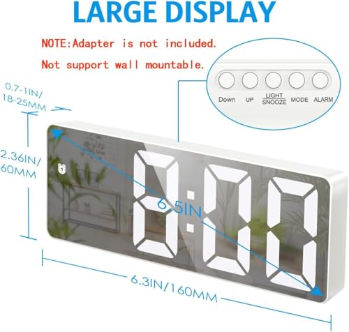 KRESHU LED Mirror Acrylonitrile Butadiene Styrene Digital Alarm Clock Electronic Temperature Display with 3 Ways Adjustable Brightness 12/24H Clock 6.5 Inch, Power Saving Function(White, 1-Pcs) - Image 4