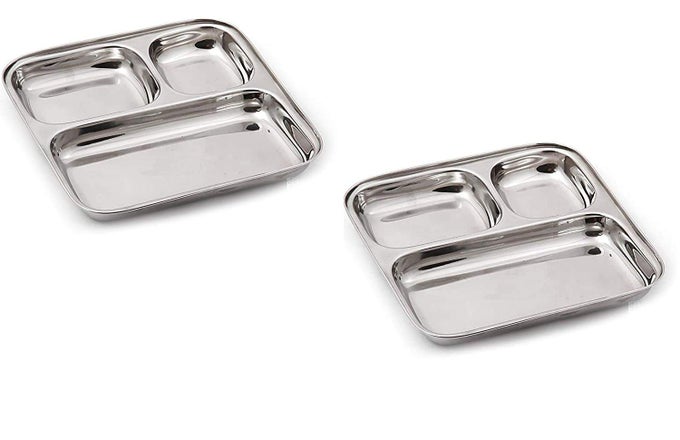 STAINLESS STEEL 3 COMPARTMENT RECTANGLE PLATE (SET OF 2)