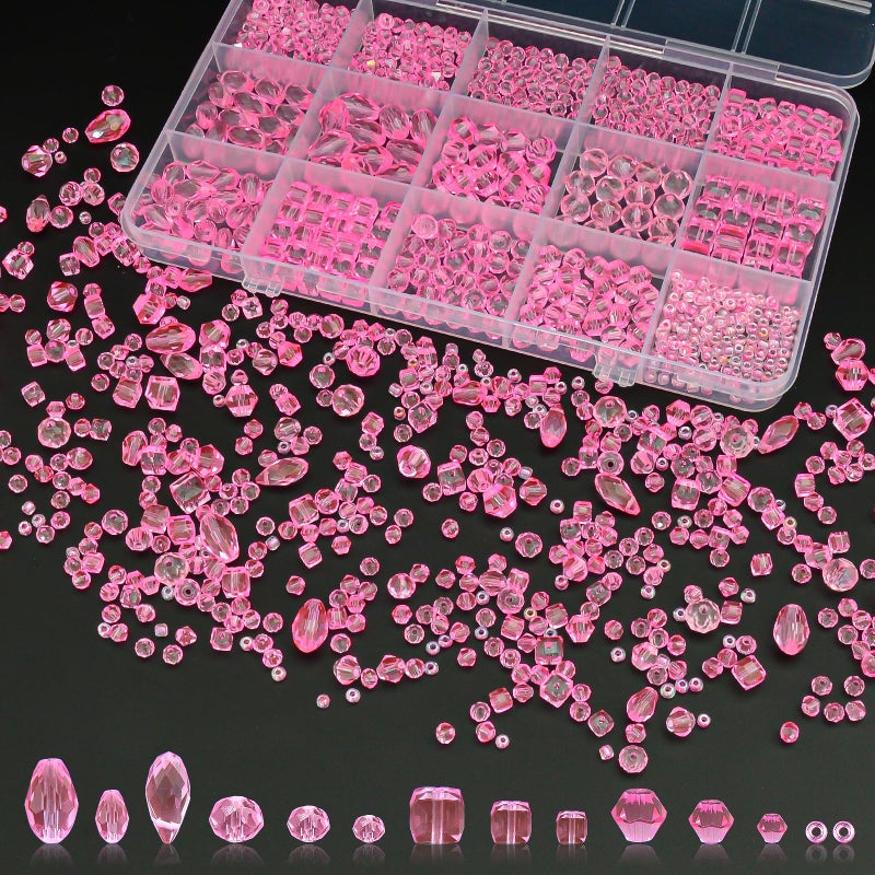 Laopottbeads 1500 Pcs Crystal Glass Beads For Jewelry Making - 12 Styles Bicone  Rondelle  Cube  Teardrop & 3Mm Spacer Beads  Diy Bracelet Necklace Earring Craft Kit With Organizer Box(Light Rose Red) - Image 1