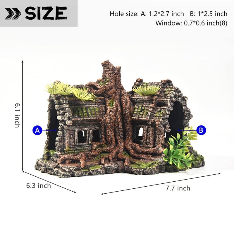 PTFJZ Aquarium Decorations Large Fish Tank Ornament Reptile House Shelter Decor Aquarium Hides with Betta Cave Temple Ruins Tree House Aquarium Landscape Decoration - Image 2