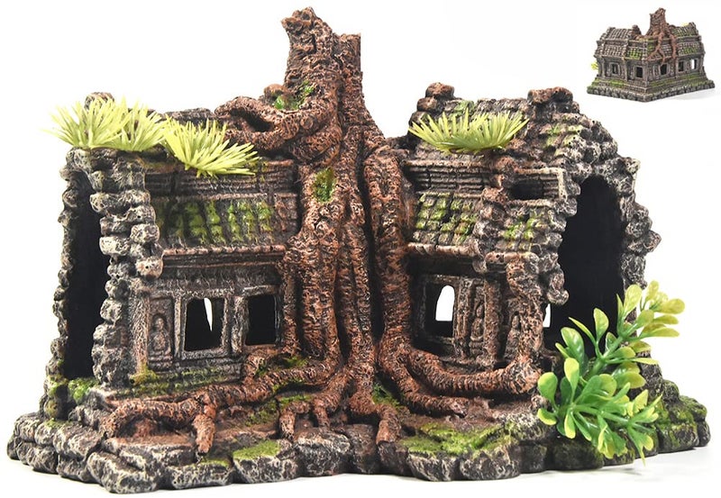 PTFJZ Aquarium Decorations Large Fish Tank Ornament Reptile House Shelter Decor Aquarium Hides with Betta Cave Temple Ruins Tree House Aquarium Landscape Decoration - Image 1