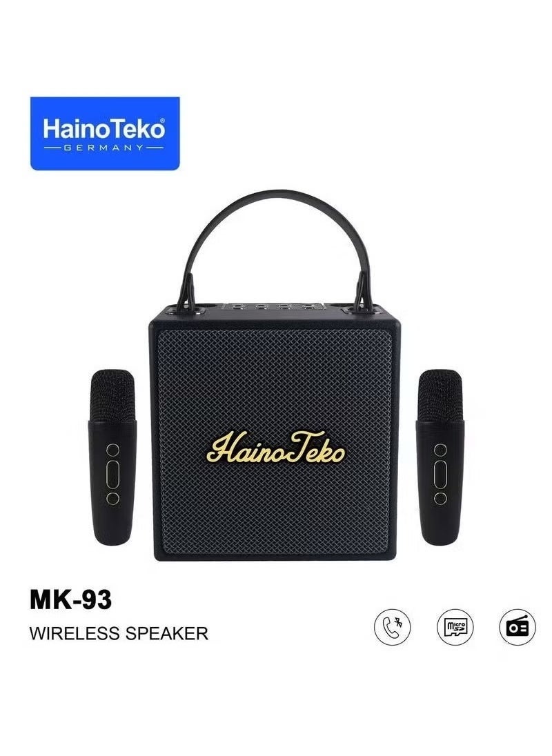 Haino Teko Splash Proof Portable Bluetooth Speaker with 2 Wireless Mics – Black, Waterproof, Powerful Sound, Long Battery Life, Ideal for Parties, Karaoke, Outdoor Events & Travel, Compact & Durable Design - Image 1