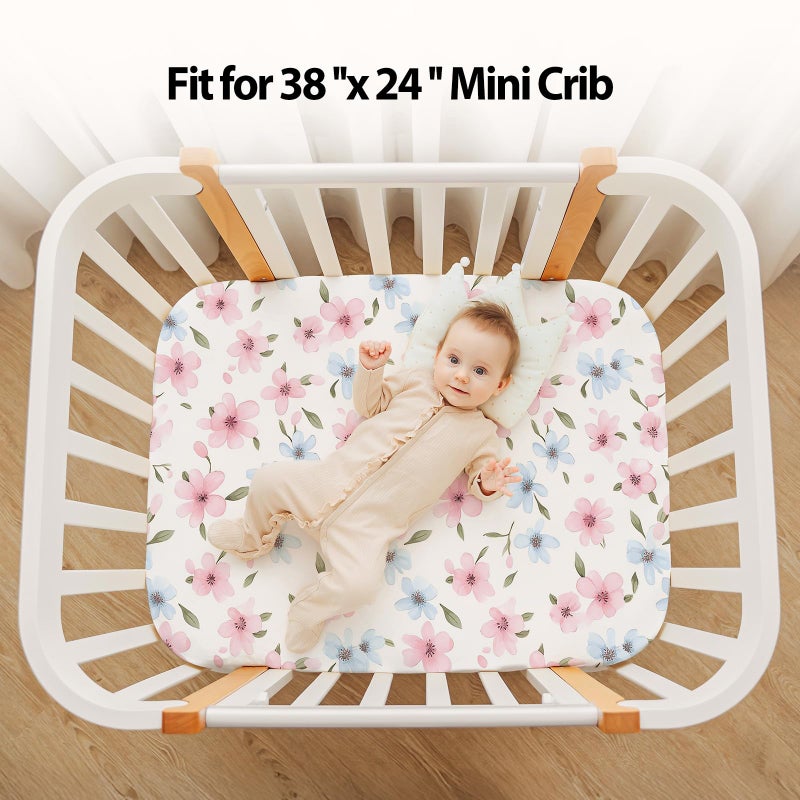 FIEMOL Baby Mini Crib Sheets Girl, Portable 38â€x26â€ Pack and Play Sheets Fitted for Playard and Pack N Play Mattress, 3-Pack Soft Microfiber Pink Butterfly Flower - Image 4