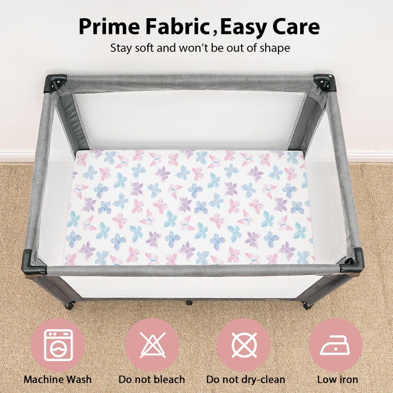 FIEMOL Baby Mini Crib Sheets Girl, Portable 38â€x26â€ Pack and Play Sheets Fitted for Playard and Pack N Play Mattress, 3-Pack Soft Microfiber Pink Butterfly Flower - Image 3