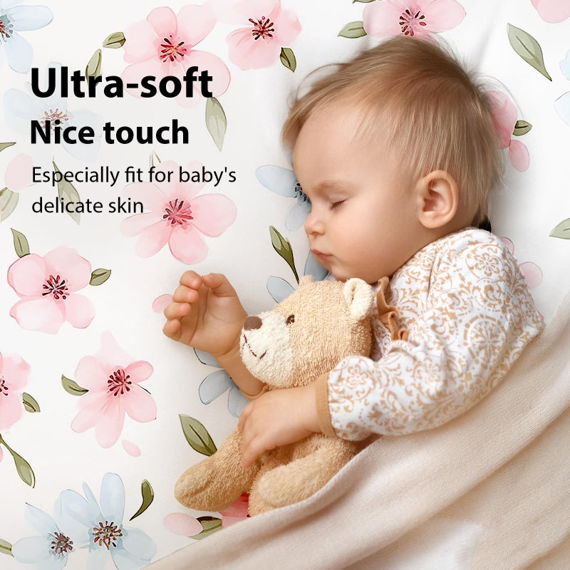 FIEMOL Baby Mini Crib Sheets Girl, Portable 38â€x26â€ Pack and Play Sheets Fitted for Playard and Pack N Play Mattress, 3-Pack Soft Microfiber Pink Butterfly Flower - Image 2