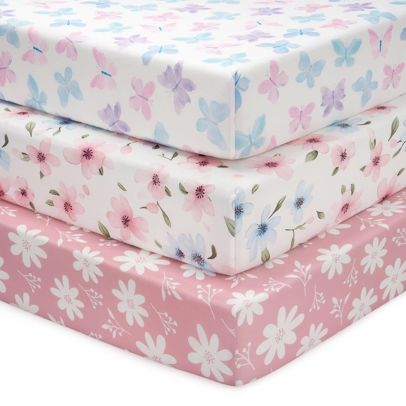 FIEMOL Baby Mini Crib Sheets Girl, Portable 38â€x26â€ Pack and Play Sheets Fitted for Playard and Pack N Play Mattress, 3-Pack Soft Microfiber Pink Butterfly Flower - Image 1