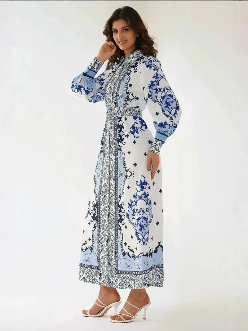 زوبعة فستان طويل بأكمام طويلة وطبعة مع حزام