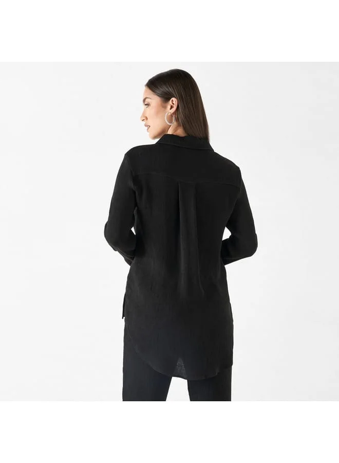 Iconic Iconic Textured High Low Shirt with Long Sleeves
