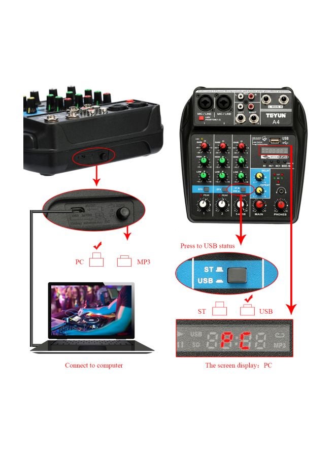 Phantom Power Monitor AUX Paths Plus Effects 4 Channels Audio Mixer With USB - Image 2