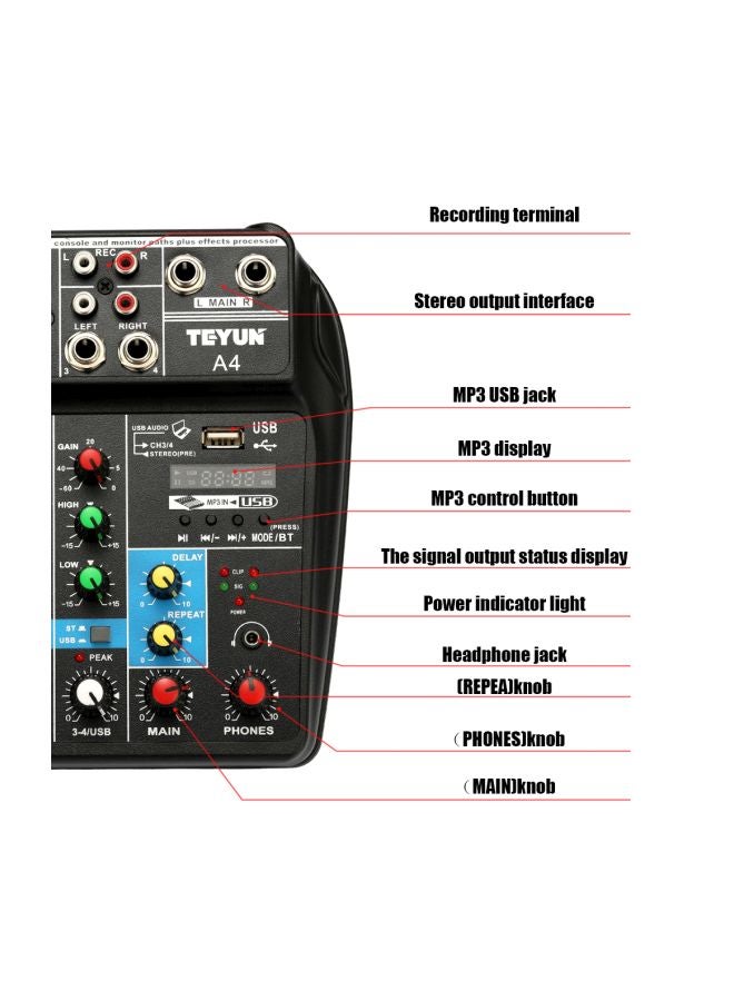 Phantom Power Monitor AUX Paths Plus Effects 4 Channels Audio Mixer With USB - Image 5