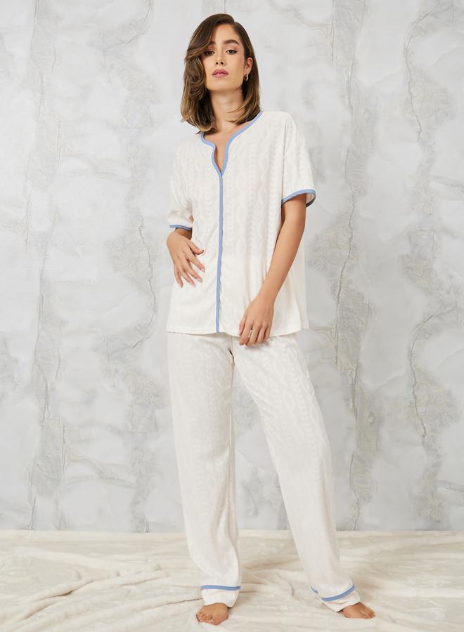 Styli Jacquard Cable Contrast Edge Shirt & Pyjama Set  - Image 2