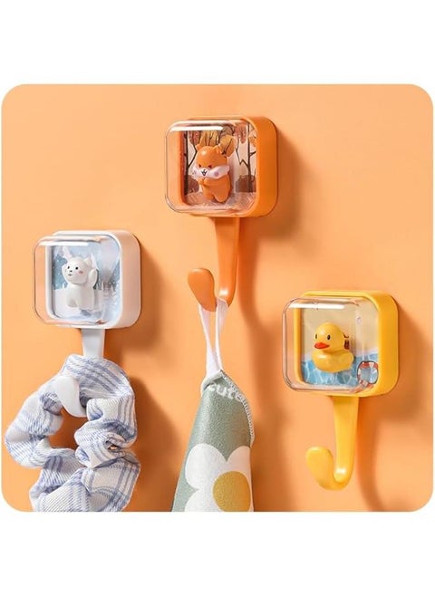 Cute Adhesive Hooks, Animal Bounce, Spring Shaking Duck Polar Bear Squirrel, No Nails, Waterproof, for Key Purse Robe Towel, Creative Individual Hook Set of 3 (3 Pack)