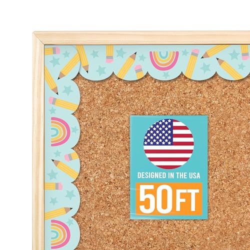 Hadley Designs 50ft Bulletin Board Borders Trim - Classroom Borders for Bulletin Board Decorations, Teacher Supplies for Classroom Decor Preschool, Kindergarten & Elementary, Rainbow Scalloped Boarders - Image 1