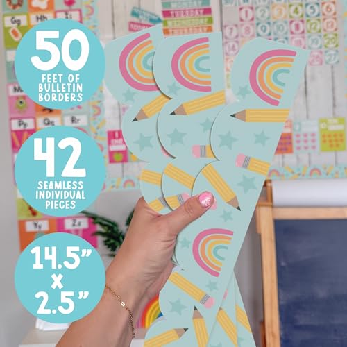 Hadley Designs 50ft Bulletin Board Borders Trim - Classroom Borders for Bulletin Board Decorations, Teacher Supplies for Classroom Decor Preschool, Kindergarten & Elementary, Rainbow Scalloped Boarders - Image 4