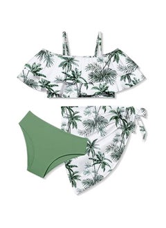 Girls Bikini Set Tropical Print Girls Swimsuit Cold Shoulder Bathing Suit for Girls Swimwear with Wrap Beach Skirt