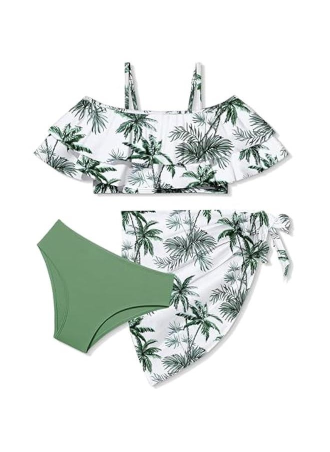 Generic - Girls Bikini Set Tropical Print Girls Swimsuit Cold Shoulder Bathing Suit for Girls Swimwear with Wrap Beach Skirt - Image 1