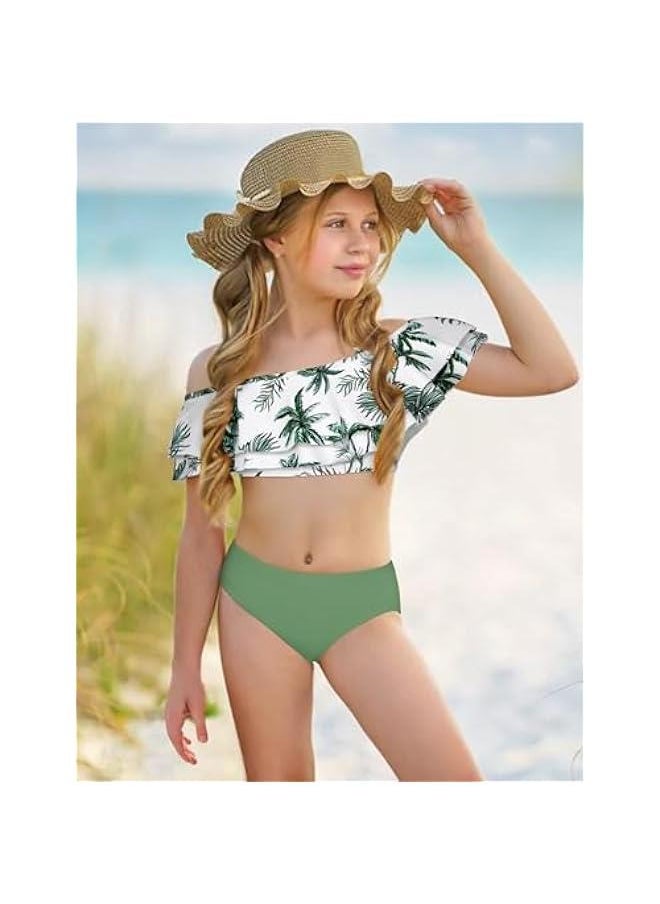 Generic - Girls Bikini Set Tropical Print Girls Swimsuit Cold Shoulder Bathing Suit for Girls Swimwear with Wrap Beach Skirt - Image 1