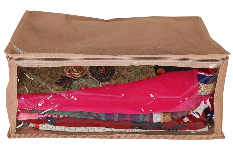 KANUSHI KANUSHI Set of 12 Pc TransparentWindow Non Woven Fabric Saree CoverSaree StorageStorage BagClothes Bag Bag with Stainless Steel Zip Lock Combo Beige Large - Image 2