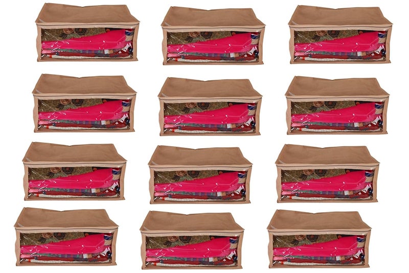 KANUSHI KANUSHI Set of 12 Pc TransparentWindow Non Woven Fabric Saree CoverSaree StorageStorage BagClothes Bag Bag with Stainless Steel Zip Lock Combo Beige Large - Image 1