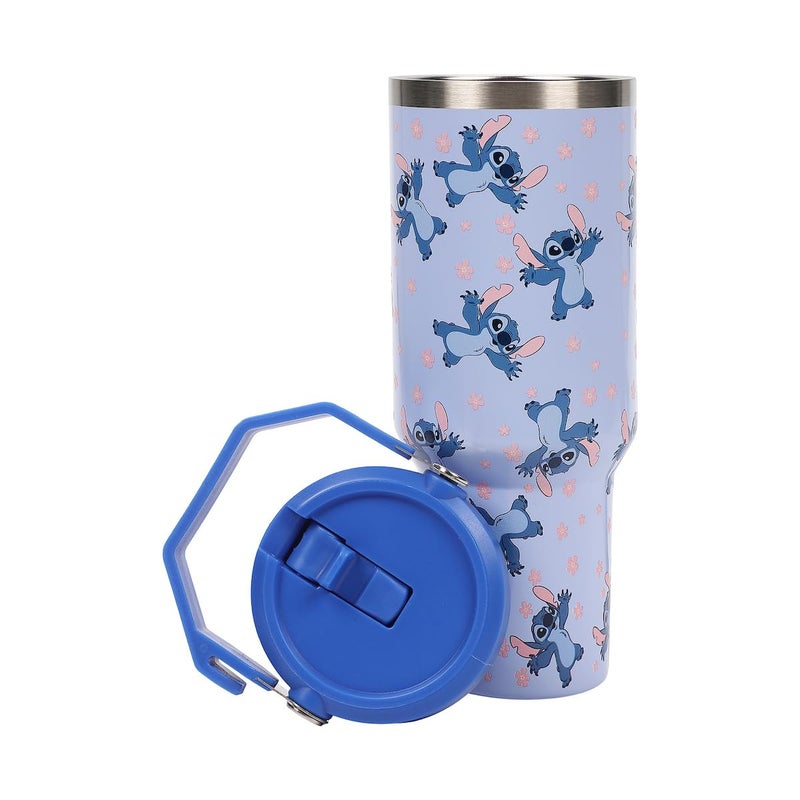 Bioworld Disney Lilo & Stitch Sky Blue AOP 40 Oz. Vacuum Sealed Stainless Steel Tumbler With Carry Handle - Image 4