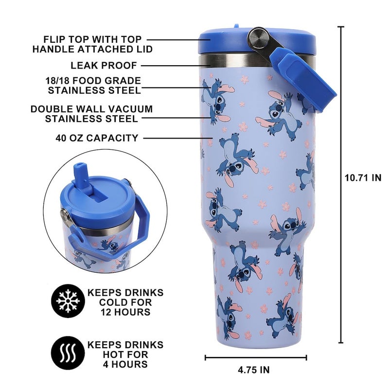 Bioworld Disney Lilo & Stitch Sky Blue AOP 40 Oz. Vacuum Sealed Stainless Steel Tumbler With Carry Handle - Image 3