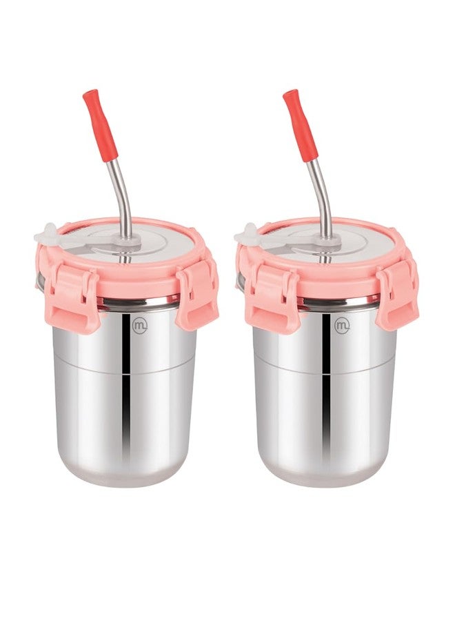 Mishaa 300ml Stainless Steel Tumbler for Kids Set of 2, Stylish Drinkware with Leak-Proof Straw, Secure Lid & Handy Cleaning Brush, Ice Pink - Image 1