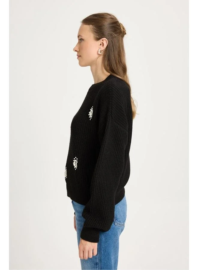 mina aise Women's Black Pearl Detailed Knit Sweater 30035