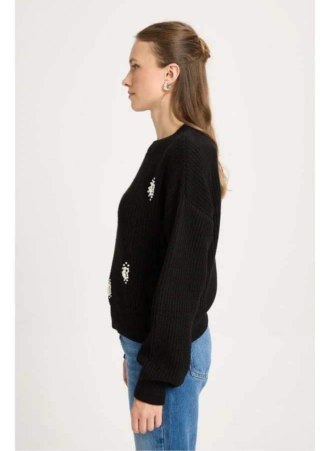 mina aise Women's Black Pearl Detailed Knit Sweater 30035