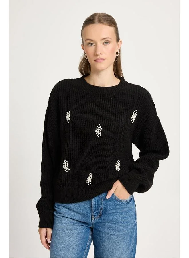 mina aise Women's Black Pearl Detailed Knit Sweater 30035