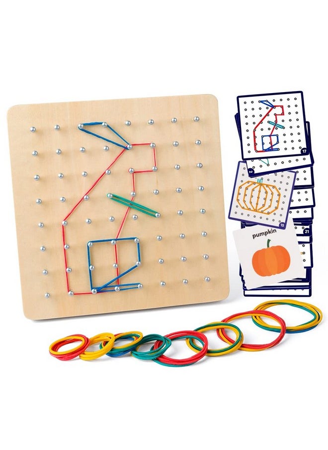 Coogam - Coogam Wooden Geoboard Mathematical Manipulative Material Array Block Geo Board - Graphical Educational Toys with 30Pcs Pattern Cards and Latex Bands Shape STEM Puzzle Matrix 8x8 Brain Teaser for Kid - Image 1