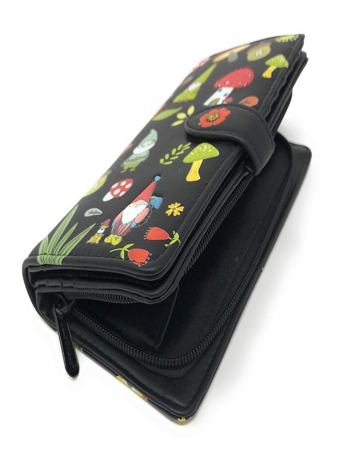 Shag Wear Gnome Forest Large Wallet for Women and Teen Girls Multiple Gnomes Mushrooms Plants Vegan Faux Leather Black 7" - Image 3