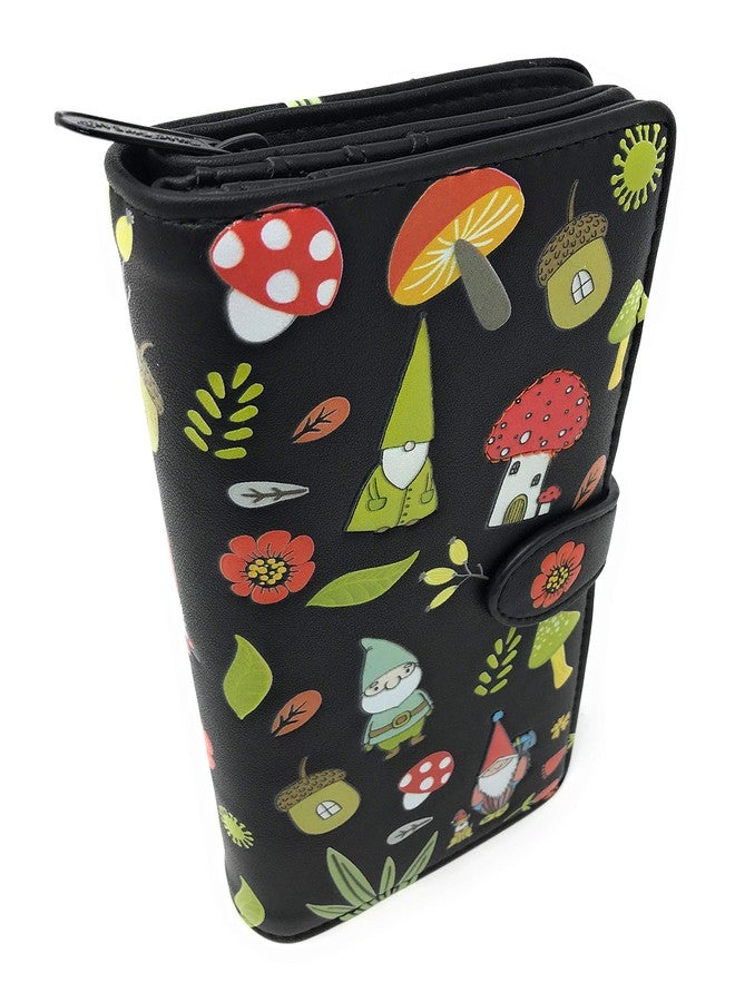 Shag Wear Gnome Forest Large Wallet for Women and Teen Girls Multiple Gnomes Mushrooms Plants Vegan Faux Leather Black 7" - Image 1