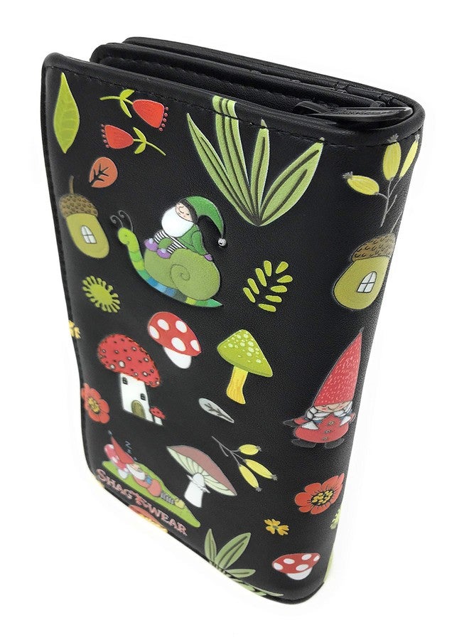 Shag Wear Gnome Forest Large Wallet for Women and Teen Girls Multiple Gnomes Mushrooms Plants Vegan Faux Leather Black 7" - Image 2