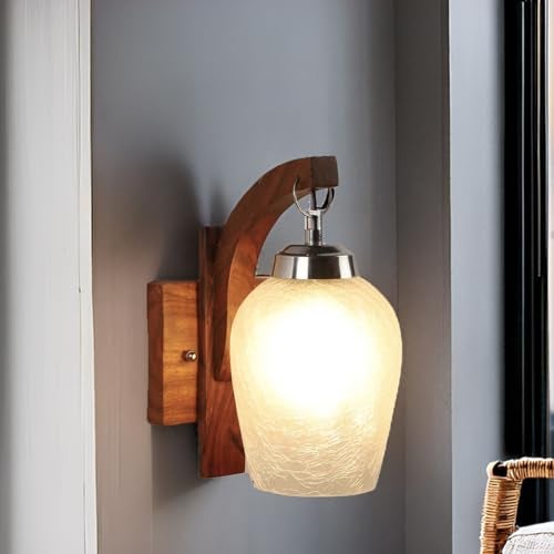 SINOMAN Modern Wooden Wall Light Lamp with Glass Shade | Decorative Wall Sconce for Bedroom, Living Room, Hallway | Warm Light Wall Mounted Lamp | Home & Hotel Lighting Fixture (Without Bulb) - Image 1