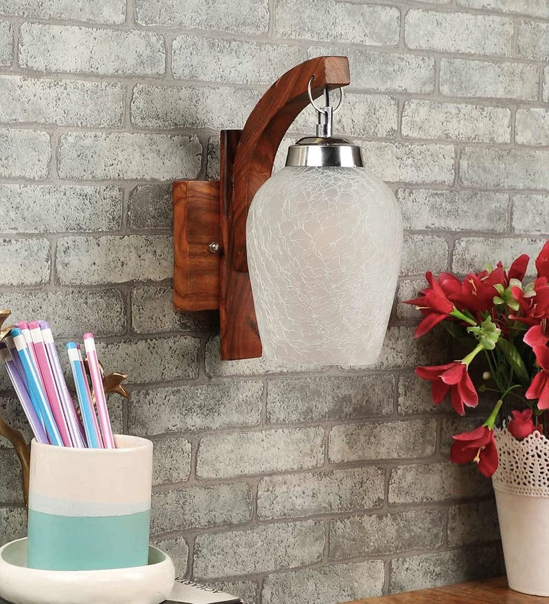 SINOMAN Modern Wooden Wall Light Lamp with Glass Shade | Decorative Wall Sconce for Bedroom, Living Room, Hallway | Warm Light Wall Mounted Lamp | Home & Hotel Lighting Fixture (Without Bulb) - Image 2