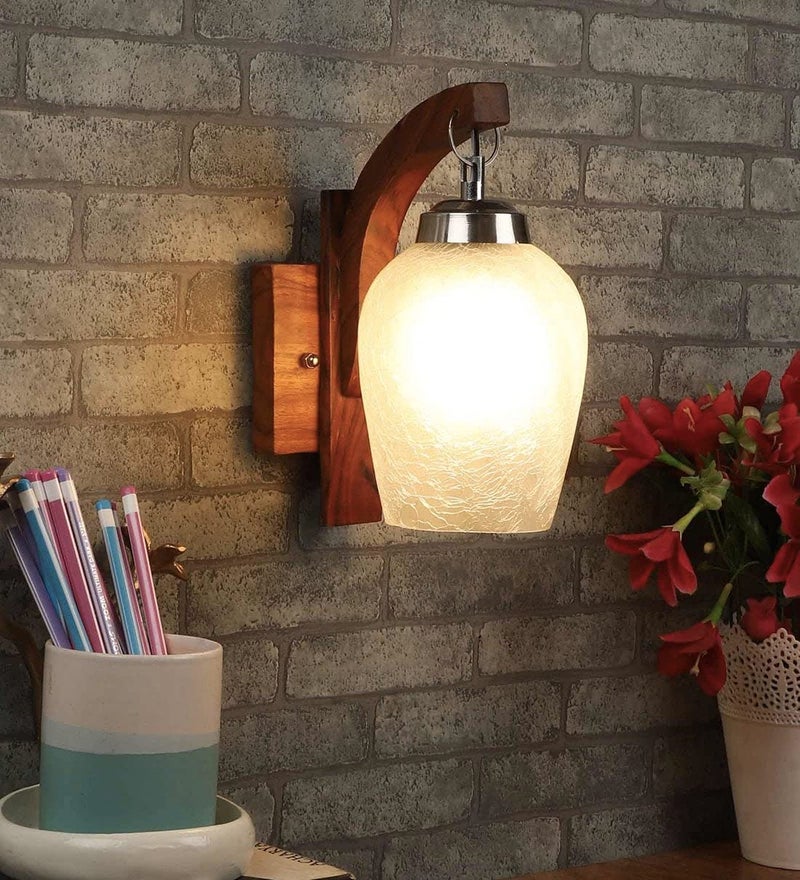 SINOMAN Modern Wooden Wall Light Lamp with Glass Shade | Decorative Wall Sconce for Bedroom, Living Room, Hallway | Warm Light Wall Mounted Lamp | Home & Hotel Lighting Fixture (Without Bulb) - Image 3