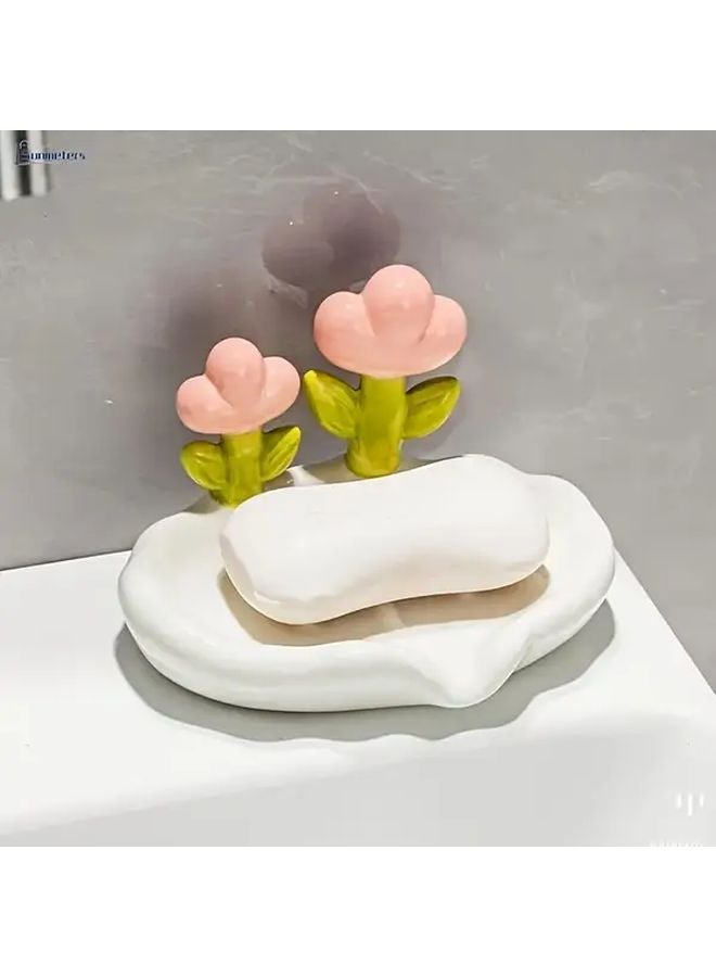 طبق صابون بلاستيكي وردي بيضاوي مع تصميم زهرة، حامل ذاتي التصريف للحمام والمطبخ - Image 3