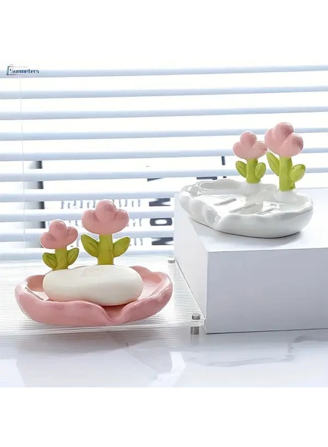 طبق صابون بلاستيكي وردي بيضاوي مع تصميم زهرة، حامل ذاتي التصريف للحمام والمطبخ - Image 1