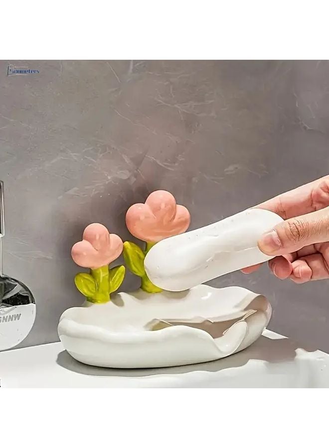 طبق صابون بلاستيكي وردي بيضاوي مع تصميم زهرة، حامل ذاتي التصريف للحمام والمطبخ - Image 5
