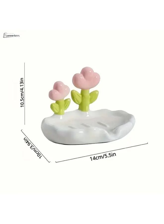 طبق صابون بلاستيكي وردي بيضاوي مع تصميم زهرة، حامل ذاتي التصريف للحمام والمطبخ - Image 2