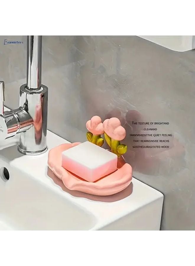 طبق صابون بلاستيكي وردي بيضاوي مع تصميم زهرة، حامل ذاتي التصريف للحمام والمطبخ - Image 4