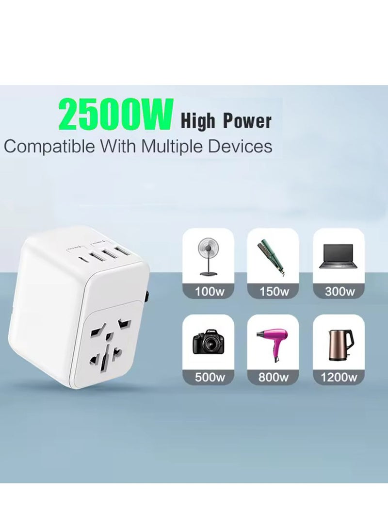2500W Max Universal Travel Adapter with 2 USB-A and 2 USB-C Ports MpBlberri BLB-T113 (AUS/CN, EU, USA, UK) Compatible - White