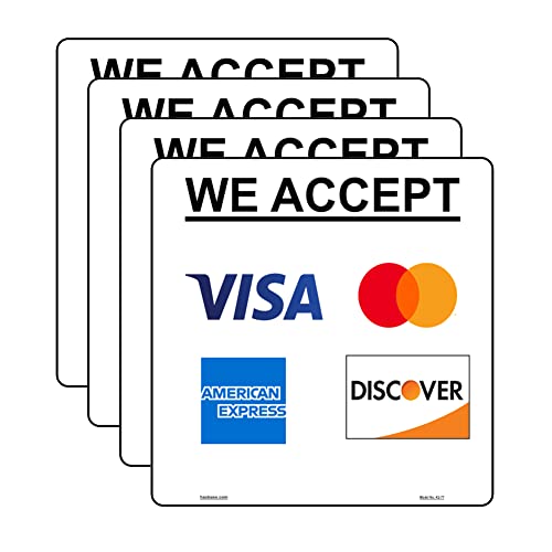 Haobase 4 Pcs Credit Card Sticker Sign Sticker - We Accept Visa, MasterCard, Amex & Discover- 12.5 cm x 12.5 cm - Self Adhesive Vinyl - Image 1
