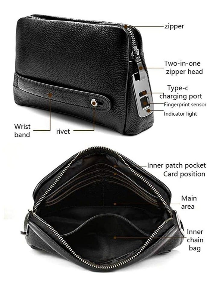 DUSALA Anti-Theft  Wallet, Fingerprint Recognition Unlockr, Genuine Leather with Zipper, Exquisite Soft Leather Long Handbag, Support USB Charging, Black  - Image 2